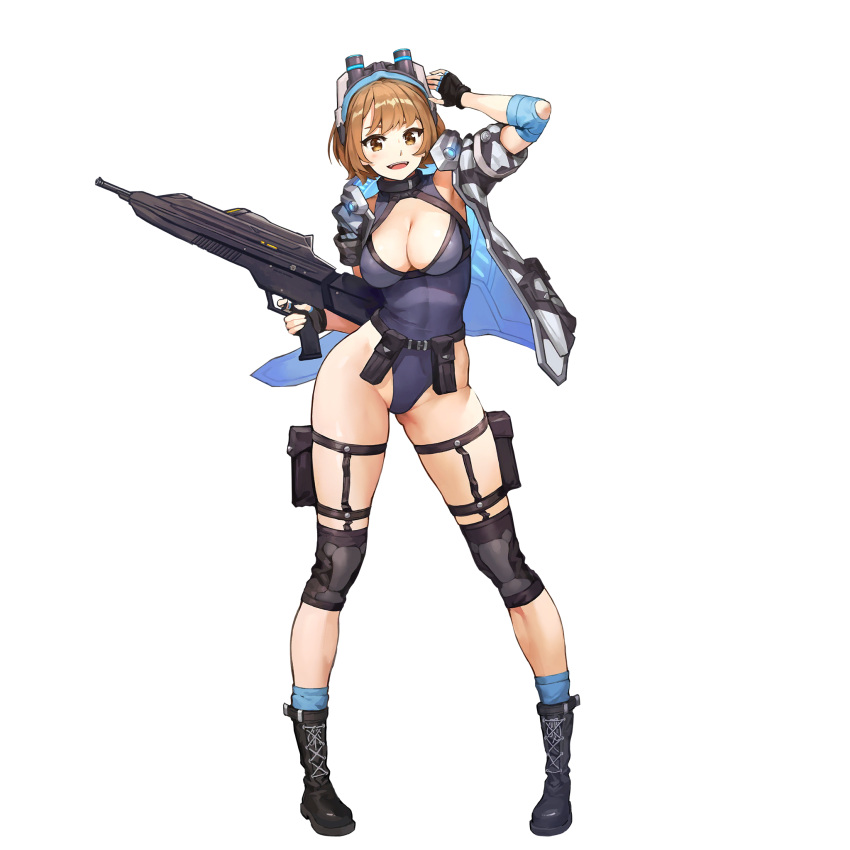 1girl, assault_rifle, bangs, belt, boots, breasts, brown_eyes, brown_hair