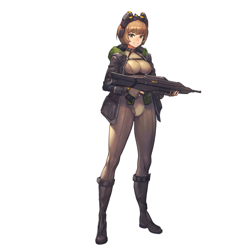 1girl, assault_rifle, bangs, bodysuit, boots, breasts, brown_eyes, brown_hair