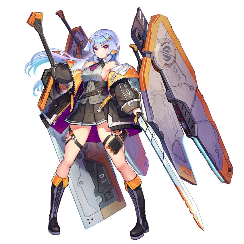 1girl, bangs, black_skirt, blue_hair, boots, breasts, coat, highres