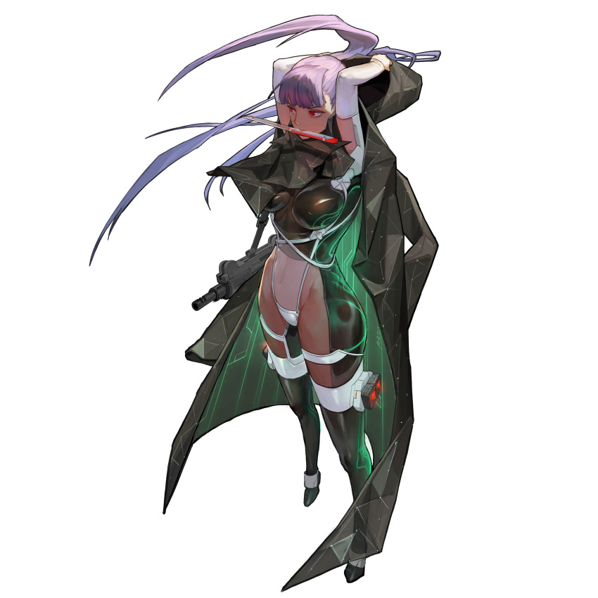 1girl, al_phantom_(last_origin), bodysuit, breasts, coat, fingerless_gloves, full_body, gloves