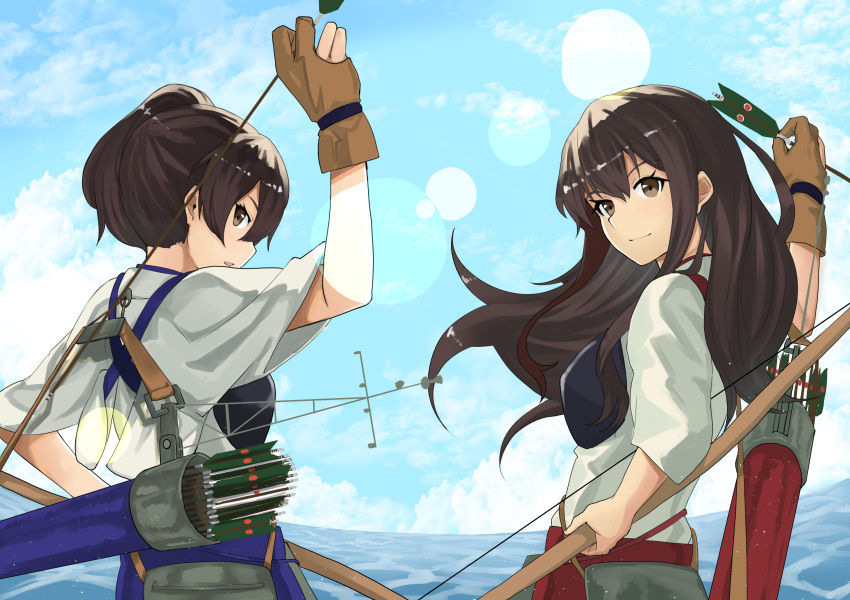 2girls, akagi_(kantai_collection), arrow, bow_(weapon), brown_eyes, brown_gloves, brown_hair, from_behind, gloves, hakama_skirt, highres, hina_komochi, holding, holding_arrow, holding_bow_(weapon), holding_weapon, kaga_(kantai_collection), kantai_collection, long_hair, looking_at_viewer, multiple_girls, muneate, partly_fingerless_gloves, quiver, red_skirt, side_ponytail, single_glove, skirt, smile, tasuki, upper_body, weapon, yugake, yumi_(bow)