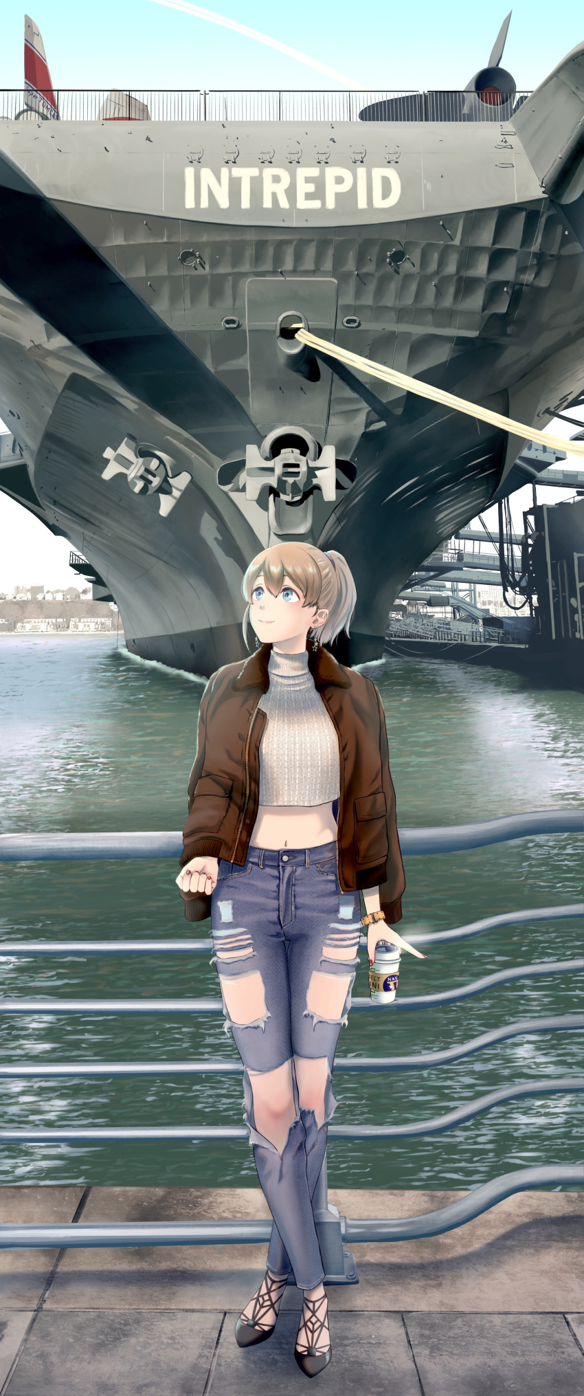 1girl, absurdres, aircraft_carrier, bangs, black_footwear, blue_eyes, blush, breasts, brown_hair, brown_jacket, casual, closed_mouth, commentary_request, crop_top, crossed_legs, cup, denim, earrings, fur-trimmed_jacket, fur_trim, hair_between_eyes, highres, holding, holding_cup, intrepid_(kantai_collection), jacket, jeans, jewelry, kantai_collection, large_breasts, looking_away, looking_up, midriff, military, military_vehicle, mochimoumai, navel, new_york, object_namesake, open_clothes, open_jacket, pants, pier, ponytail, railing, red_nails, revision, river, ship, shirt, short_hair, smile, solo, star, star_earrings, tareme, torn_clothes, torn_jeans, torn_pants, turtleneck, uss_intrepid_(cv-11), warship, watercraft, watson_cross, wristband