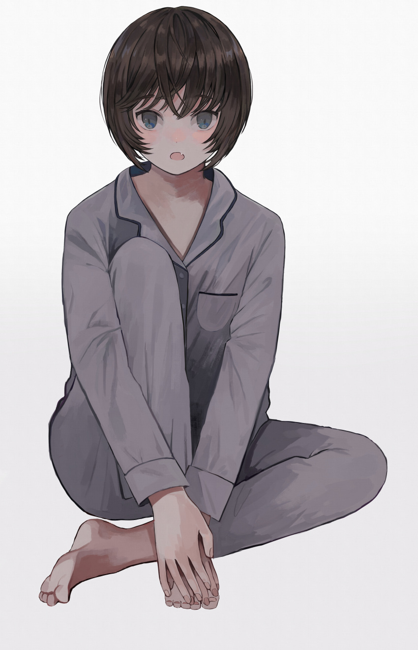 1girl, absurdres, barefoot, blue_eyes, brown_hair, commentary, eyebrows_visible_through_hair, fang