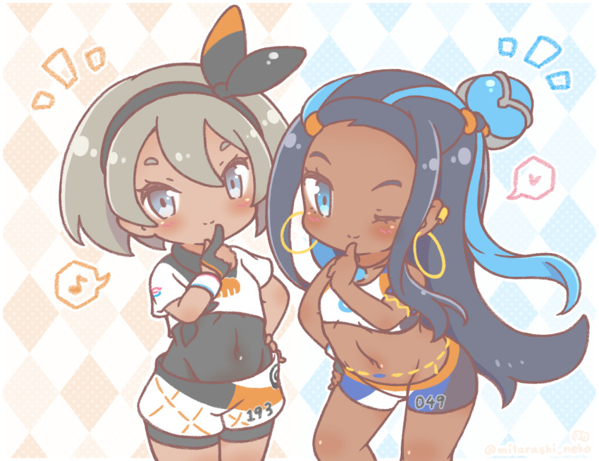 2girls, argyle, argyle_background, armlet, belly_chain, black_bodysuit, black_hair, black_hairband, blue_eyes, blue_eyeshadow, blue_hair, blush_stickers, bodysuit, bodysuit_under_clothes, chibi, commentary_request, covered_navel, cowboy_shot, dark_skin, earrings, eyeliner, eyeshadow, finger_to_mouth, gloves, grey_eyes, grey_hair, gym_leader, hair_between_eyes, hair_bun, hairband, hand_on_hip, heart, hoop_earrings, jewelry, leaning_forward, long_hair, looking_at_viewer, makeup, midriff, mitarashi_neko_(aamr7853), multicolored_hair, multiple_girls, musical_note, navel, notice_lines, number, one_eye_closed, pokemon, pokemon_(game), pokemon_swsh, print_shorts, rurina_(pokemon), saitou_(pokemon), shirt, short_hair, short_sleeves, shorts, sidelocks, single_glove, sleeveless, smile, spoken_heart, spoken_musical_note, sportswear, swimsuit, tankini, tied_shirt, twitter_username, two-tone_background, two-tone_gloves, two-tone_hair, wristband