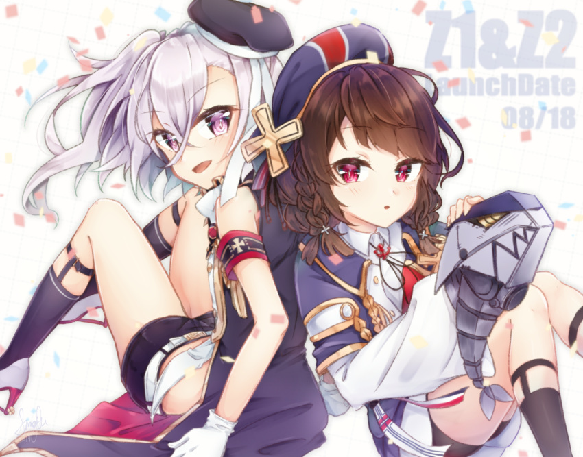 2girls, aiguillette, anniversary, arm_support, armband, asymmetrical_hair, azur_lane, back-to-back