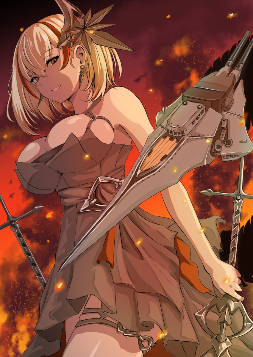 1girl, alternate_costume, azur_lane, bangs, bare_shoulders, black_dress, blonde_hair, breasts