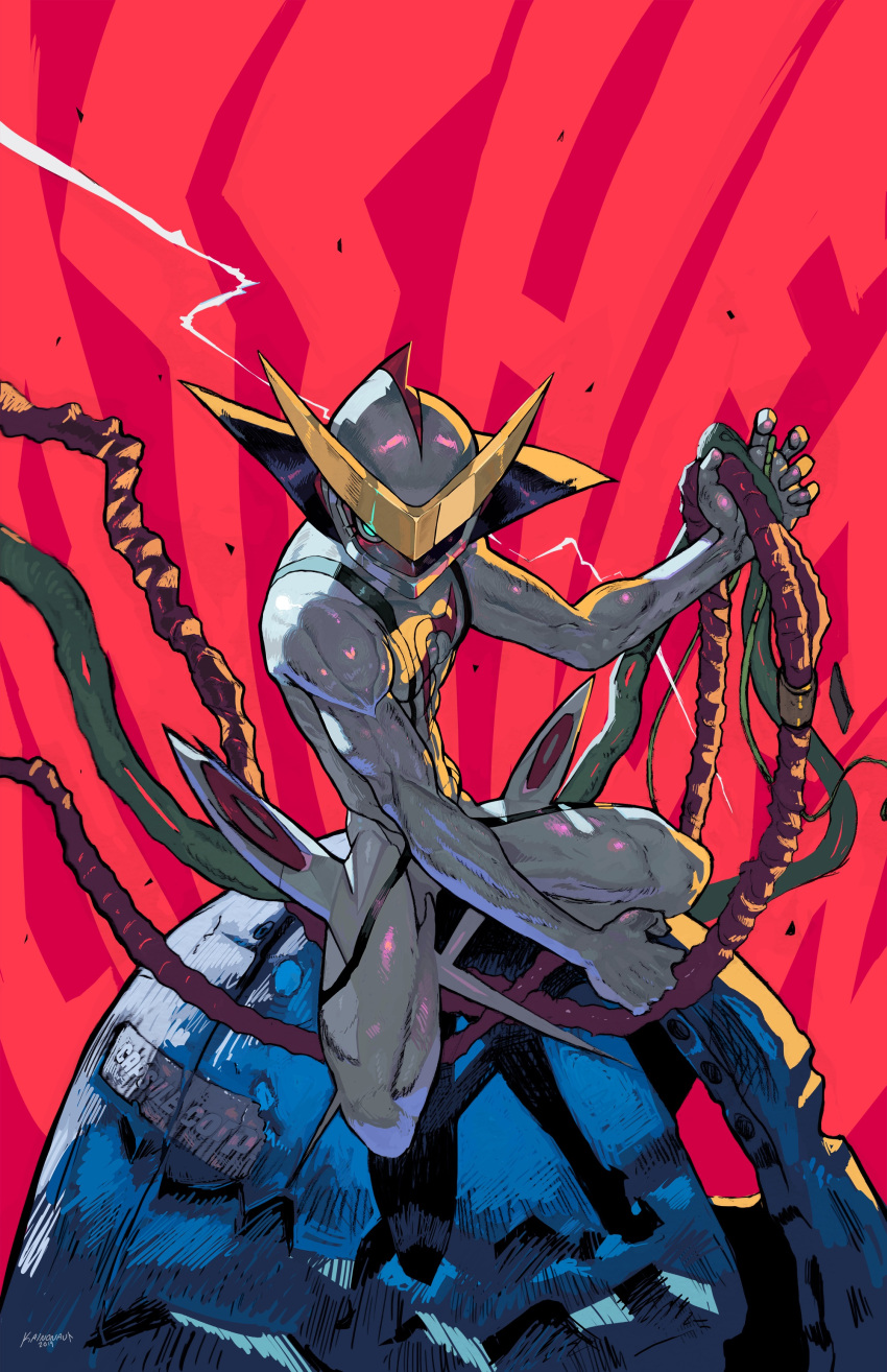 1boy, absurdres, blue_eyes, casshern_sins, dated, glowing, glowing_eyes, helmet