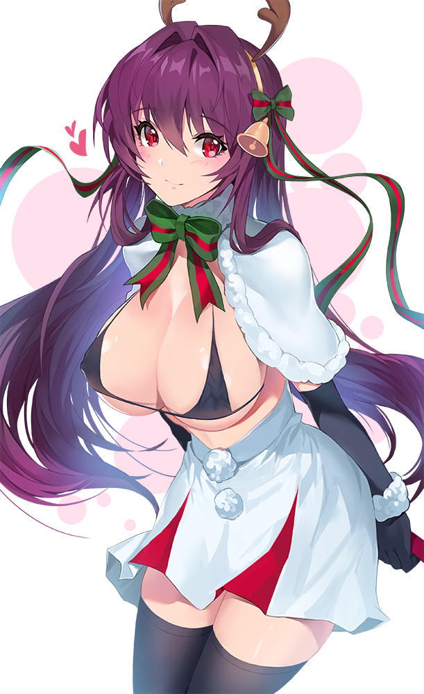 1girl, antlers, bell, bikini, black_bikini, black_gloves, black_legwear, blush