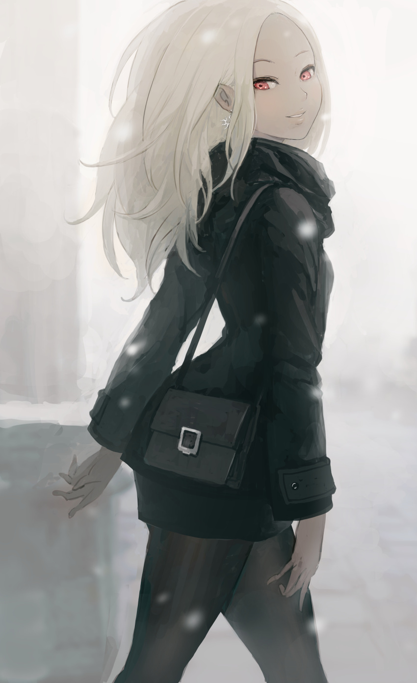 absurdres, bag, black_coat, black_scarf, blonde_hair, dark_skin, earrings, gravity_daze