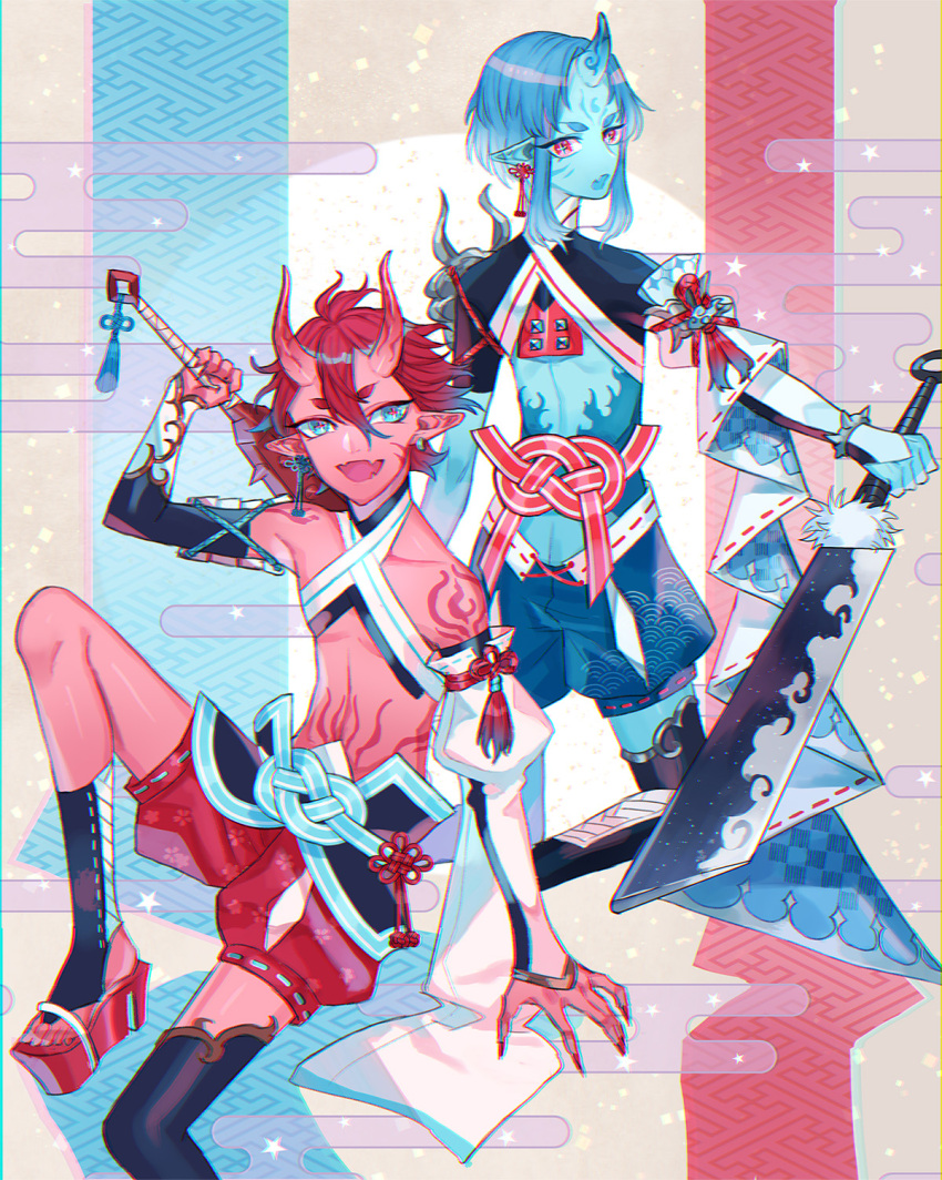 2boys, arm_tattoo, bad_anatomy, bare_shoulders, blue_eyes, blue_skin, bracelet, cleaver