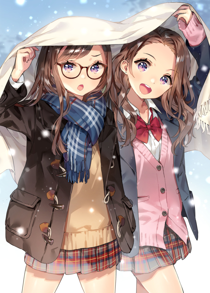 2girls, :d, ancotaku, arm_up, bangs, black_jacket, blue_scarf, bow