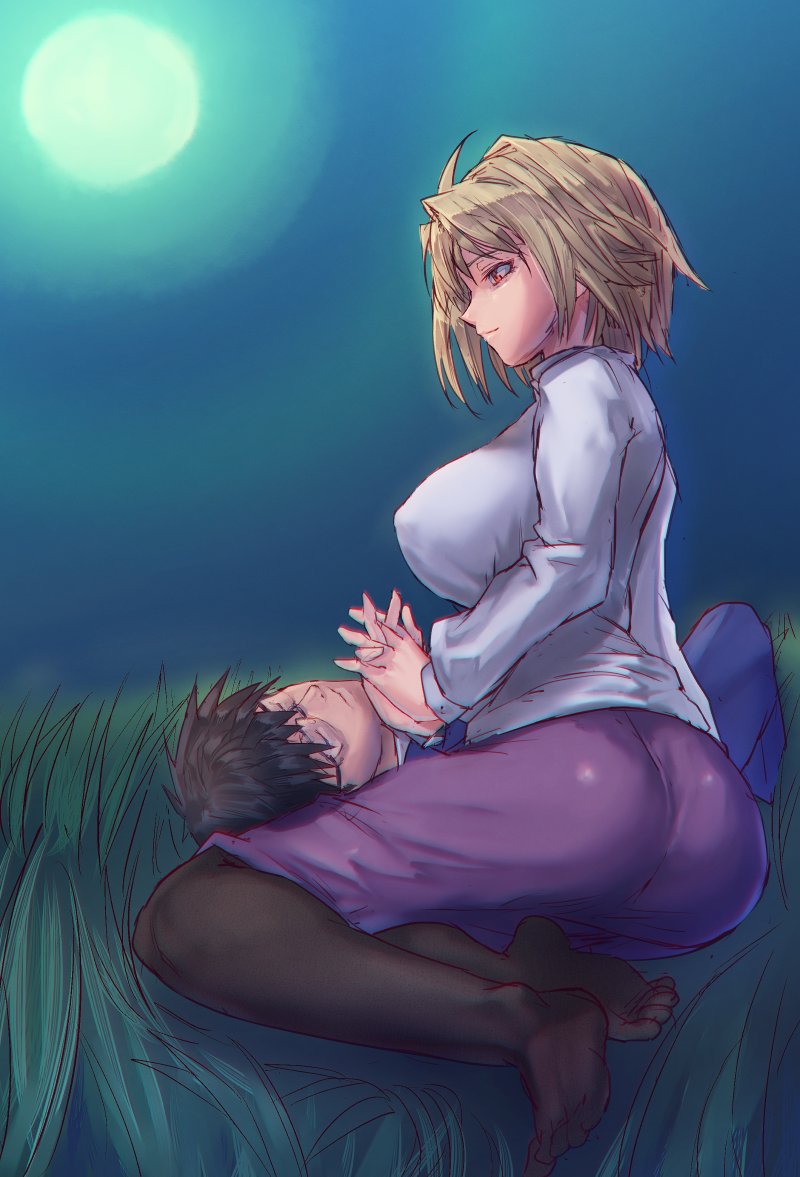 1boy, 1girl, ahoge, arcueid_brunestud, black_legwear, blonde_hair, breasts, closed_eyes