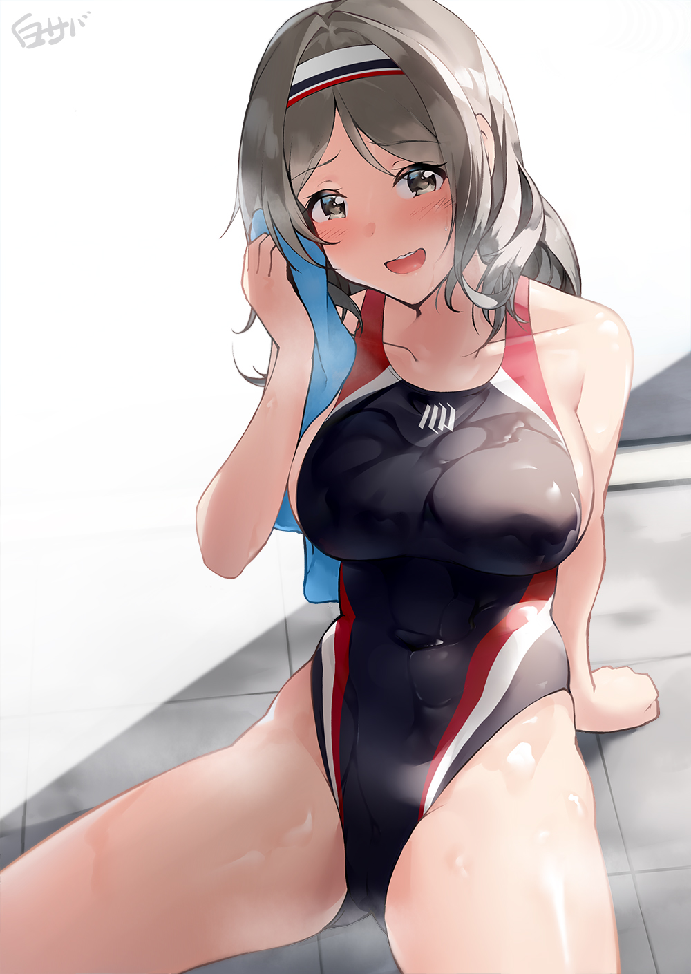 1girl, black_swimsuit, blue_towel, breasts, collarbone, commentary_request, competition_swimsuit, cowboy_shot