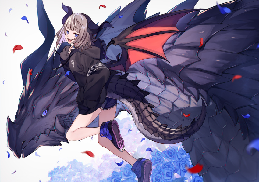 1girl, :d, bangs, bare_legs, black_jacket, black_shorts, blue_eyes, blue_flower, blue_footwear, blue_rose, blue_shorts, blunt_bangs, cutoffs, dragon, dragon_girl, dragon_horns, dragon_tail, dragon_wings, fang, finger_to_neck, flower, from_behind, grey_hair, hood, hood_down, horns, jacket, long_sleeves, looking_at_viewer, open_mouth, original, paw_shoes, petals, print_jacket, red_wings, rose, shoe_soles, shoes, short_hair, shorts, shugao, simple_background, sleeves_past_fingers, sleeves_past_wrists, slit_pupils, smile, tail, white_background, wings