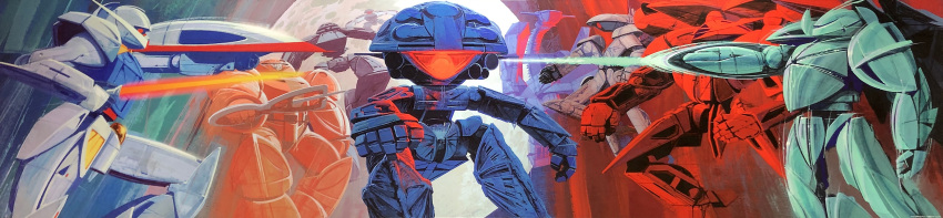 90s, absurdres, bandit_(mobile_suit), beam_saber, facial_hair, flat_(mobile_suit), gundam, highres, jet_stream_(mobile_suit), long_image, mecha, moon, mustache, no_humans, official_art, oldschool, production_art, red_eyes, science_fiction, shield, sumo_(mobile_suit), syd_mead, traditional_media, turn_a_gundam, turn_a_gundam_(mobile_suit), turn_x, wadom, wide_image