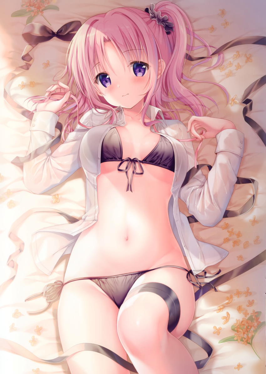 1girl, 3:, absurdres, bangs, bed_sheet, black_bow, black_bra, black_panties