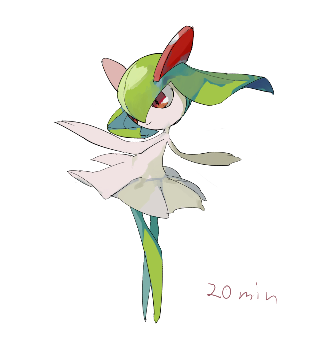 1other, apios1, green_hair, kirlia, pokemon, red_eyes, sketch, smile, time_lapse, tiptoes, tutu, twintails