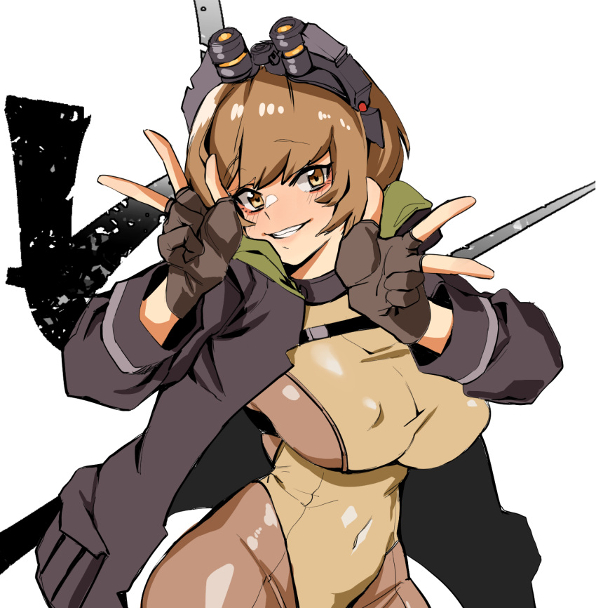 1girl, bangs, banssee, bodysuit, breasts, chest_strap, double_v, eyebrows_visible_through_hair