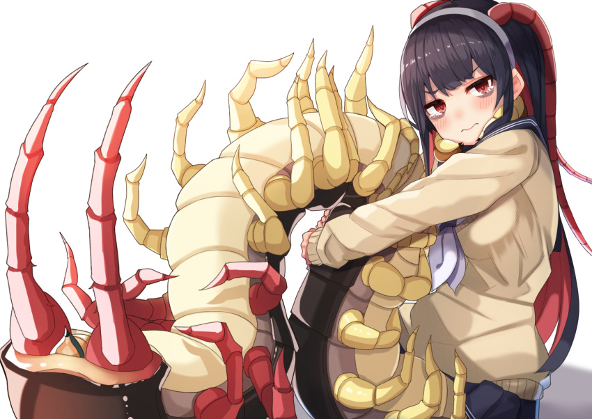 1girl, 3:, antennae, bags_under_eyes, bangs, beige_sweater, black_hair, blush