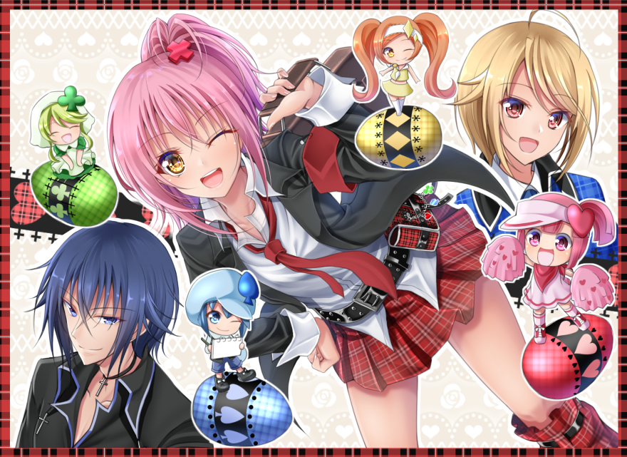 2boys, 5girls, :d, ;), ;d, ^_^, ahoge, armband