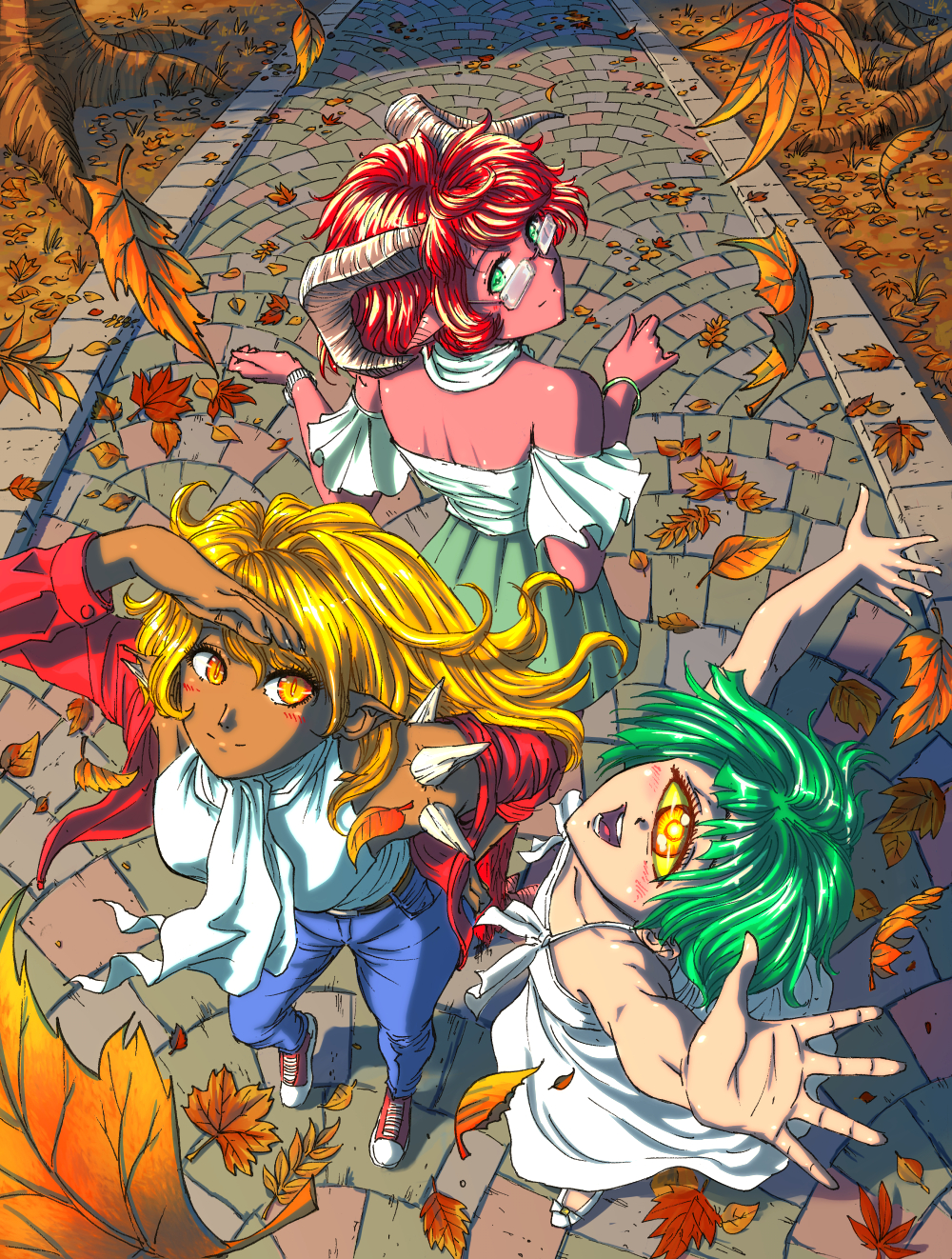 3girls, arms_up, autumn, autumn_leaves, back-to-back, baron_of_hell, blonde_hair, blue_pants