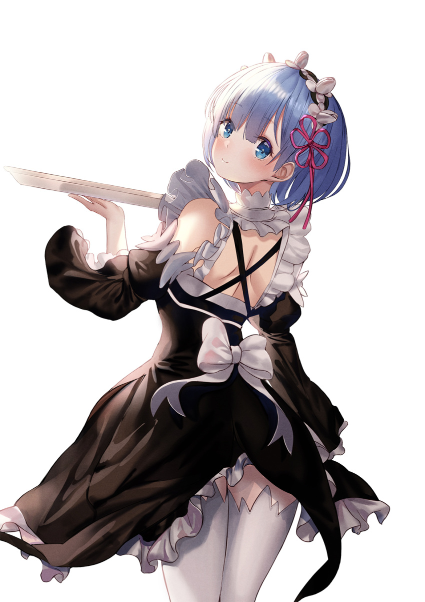 1girl, bare_shoulders, black_dress, blue_eyes, blue_hair, blush, detached_sleeves, dress