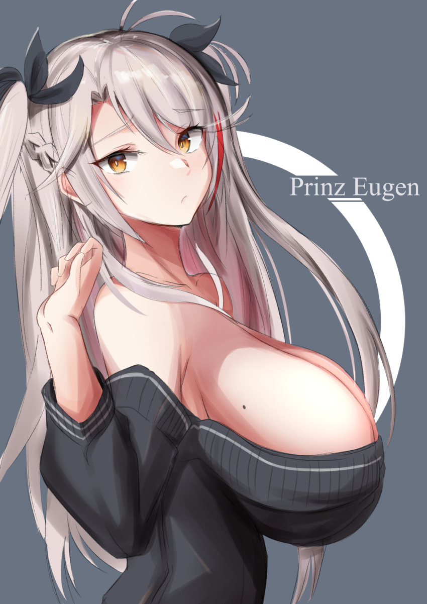 1girl, antenna_hair, azur_lane, bangs, black_sweater, blush, breasts, brown_eyes