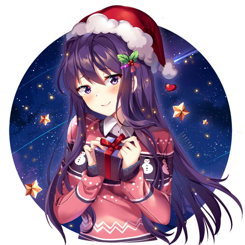 1girl, artist_name, bangs, blush, box, breasts, christmas, closed_mouth