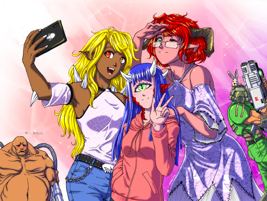 2boys, 3girls, animal_ear_fluff, arm_cannon, baron_of_hell, bfg_9000, blonde_hair, blue_hair