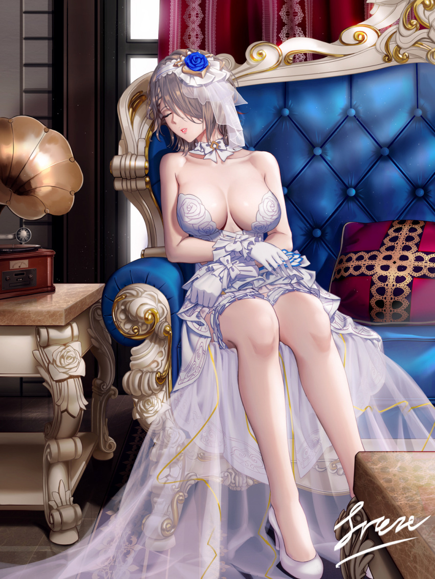 1girl, alternate_costume, bangs, bare_shoulders, blush, braid, breasts, bridal_veil, bride, couch, dress, flower, freze, gloves, hair_flower, hair_ornament, head_tilt, high_heels, highres, honkai_(series), honkai_impact_3rd, indoors, large_breasts, rita_rossweisse, rita_rossweisse_(vow_of_roses), short_hair, sitting, sleeping, solo, strapless, strapless_dress, thigh-highs, veil, white_dress, white_footwear, white_gloves, white_legwear
