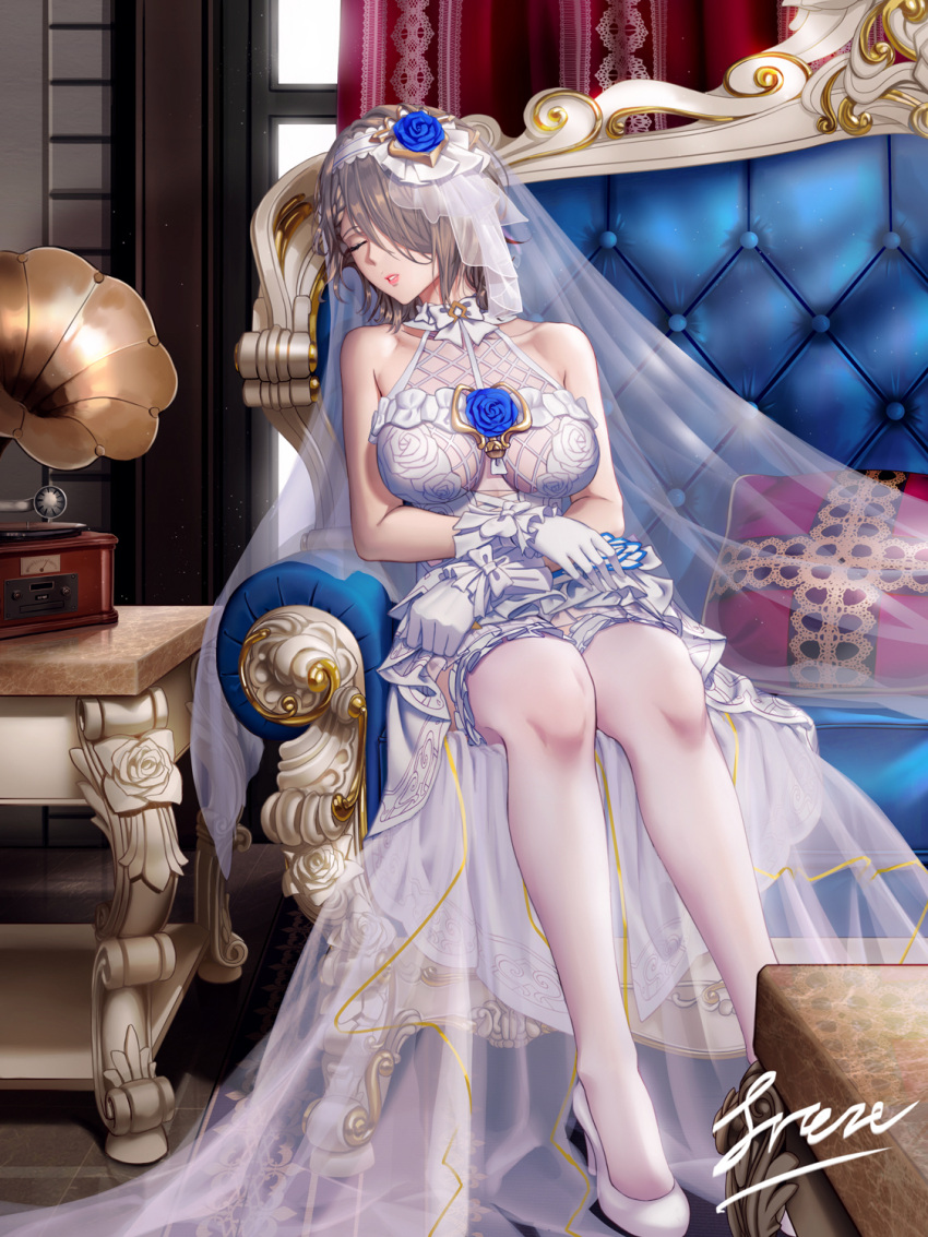 1girl, alternate_costume, bangs, bare_shoulders, blush, braid, breasts, bridal_veil