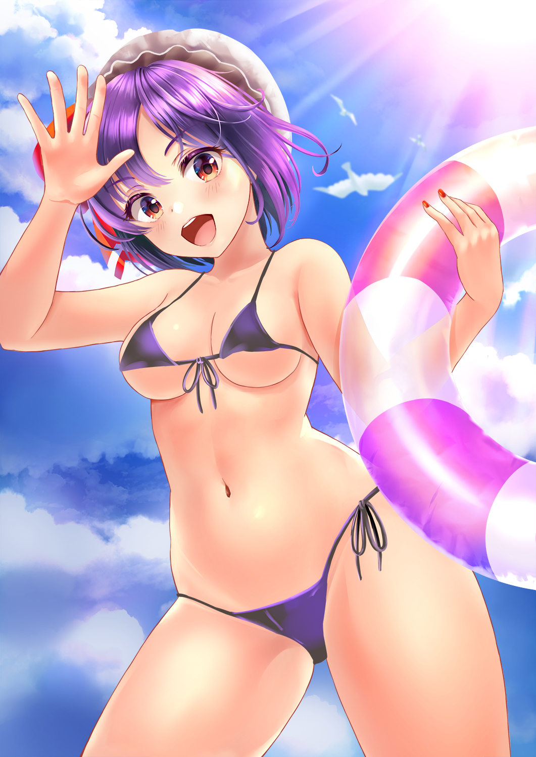 1girl, :d, bangs, bare_arms, bare_shoulders, bikini, bird, blue_sky