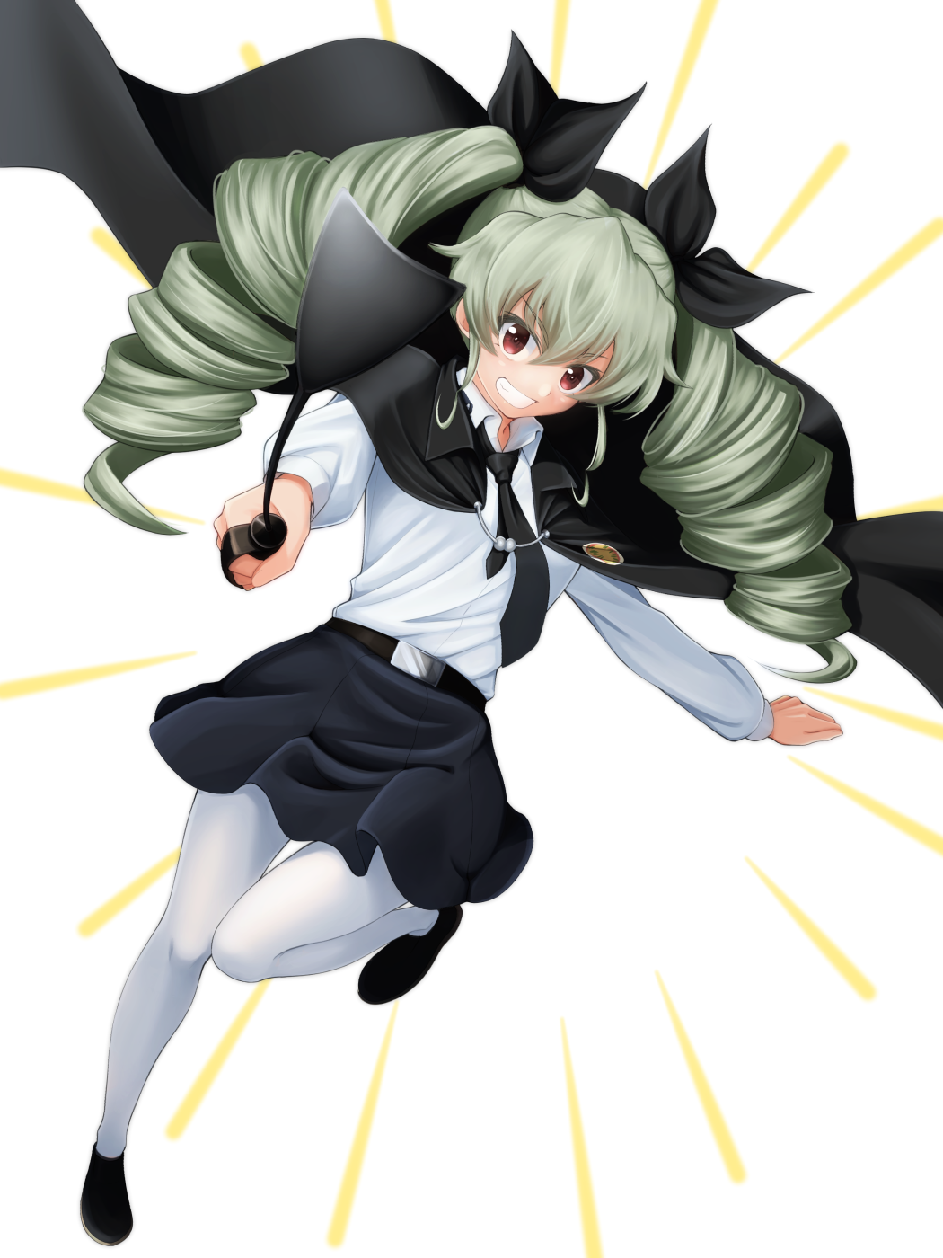 1girl, anchovy, anzio_(emblem), anzio_school_uniform, bangs, belt, black_belt, black_cape