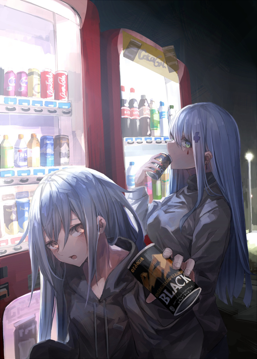 2girls, alternate_costume, bangs, can, canned_coffee, coca-cola, commentary, drink, drinking, earrings, facial_mark, facial_tattoo, g11_(girls_frontline), georgia_coffee, girls_frontline, green_eyes, grey_eyes, head_tilt, highres, hk416_(girls_frontline), holding, holding_can, hood, hood_down, hooded_jacket, hoodie, jacket, jewelry, lamppost, looking_at_viewer, miyabino_(miyabi1616), multiple_girls, night, outdoors, pepsi, pocari_sweat, silver_hair, soda_bottle, soda_can, tattoo, teardrop, turtleneck, vending_machine