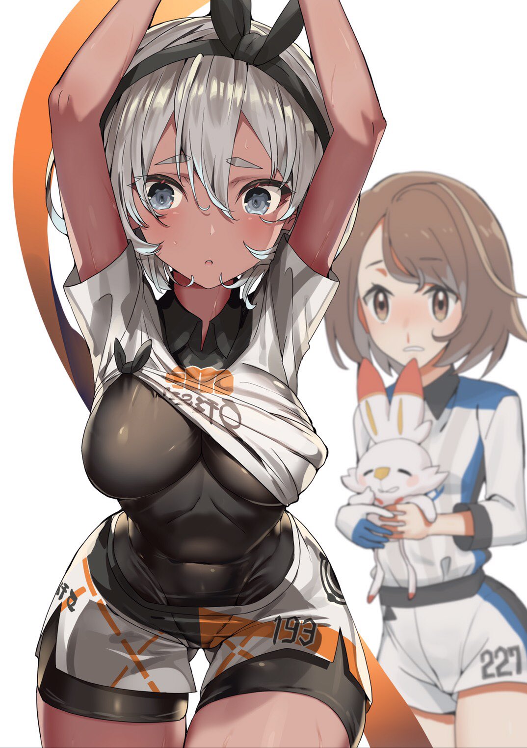 2girls, abs, bangs, black_bodysuit, black_hairband, blood, bob_cut, bodysuit, bodysuit_under_clothes, breasts, brown_eyes, brown_hair, covered_navel, dark_skin, eruerumaccho, gen_8_pokemon, grey_eyes, grey_hair, gym_leader, hairband, highres, long_sleeves, medium_breasts, multiple_girls, nosebleed, pokemon, pokemon_(game), pokemon_swsh, print_shorts, saitou_(pokemon), scorbunny, short_hair, shorts, sweat, uniform, yuuri_(pokemon)