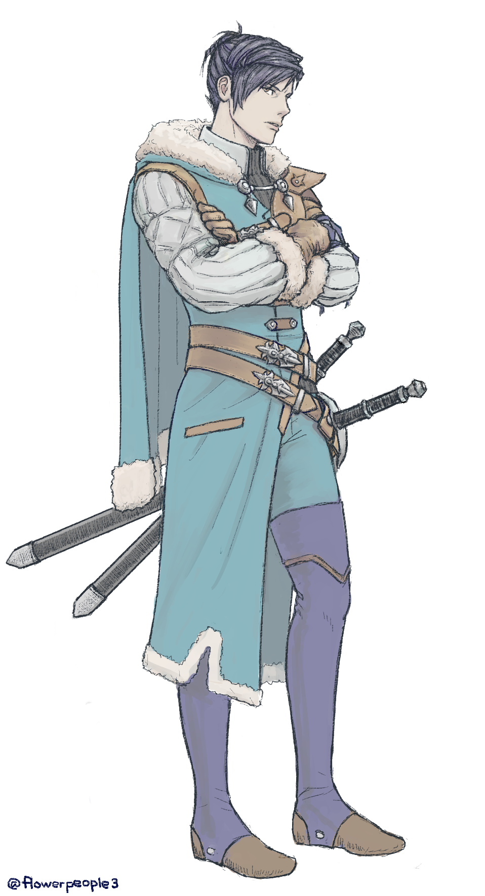 1boy, belt, blue_cape, blue_hair, blue_legwear, brown_eyes, brown_gloves, cape, crossed_arms, felix_hugo_fraldarius, fire_emblem, fire_emblem:_three_houses, full_body, gloves, highres, male_focus, sheath, sheathed, simple_background, solo, twitter_username, white_background, windcaller
