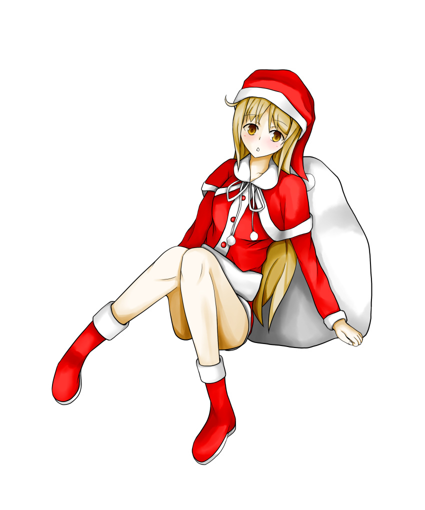 1girl, :o, ascii_media_works, ateliersta, bag, blonde_hair, blush, boots, christmas, cute, j.c._staff, kuudere, long_hair, looking_at_viewer, sakura-sou_no_pet_na_kanojo, santa_costume, santa_hat, shiina_mashiro, sitting, solo, white_background, yellow_eyes