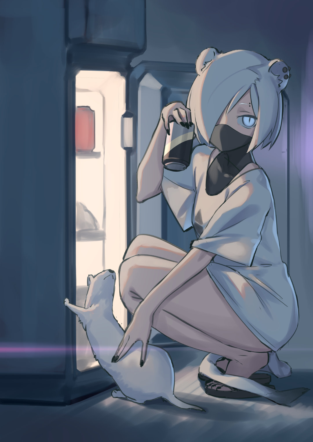 1girl, animal_ears, arknights, blue_eyes, breasts, eyebrow_piercing, face_mask, from_side