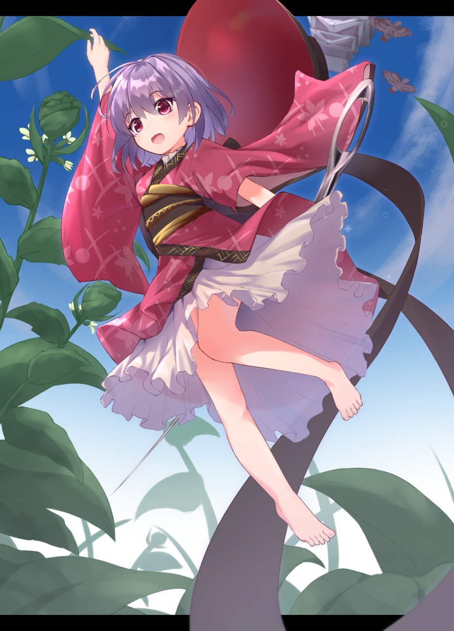 1girl, arm_up, bangs, barefoot, bird, black_sash, blue_sky, blush