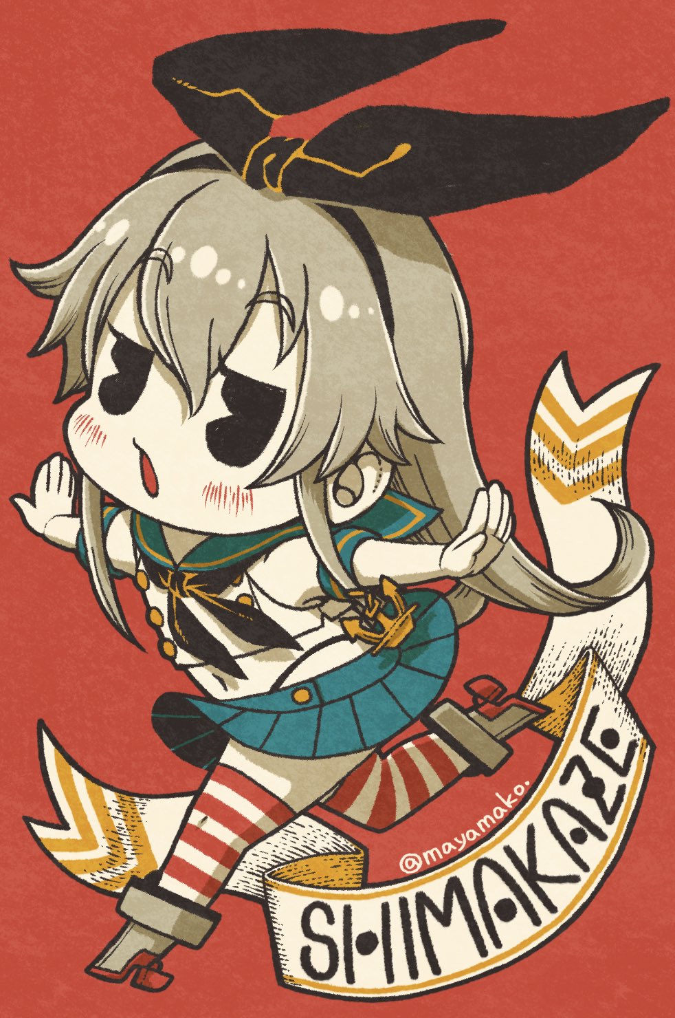 1girl, :o, bangs, black_eyes, black_neckwear, black_panties, blonde_hair, blush, character_name, chibi, crop_top, elbow_gloves, eyebrows_visible_through_hair, full_body, gloves, hairband, highleg, highleg_panties, highres, kantai_collection, long_hair, makora_higa, miniskirt, open_mouth, outstretched_arms, pac-man_eyes, panties, pleated_skirt, red_background, sailor_collar, school_uniform, serafuku, shimakaze_(kantai_collection), simple_background, skirt, solo, striped, striped_legwear, twitter_username, underwear, white_gloves