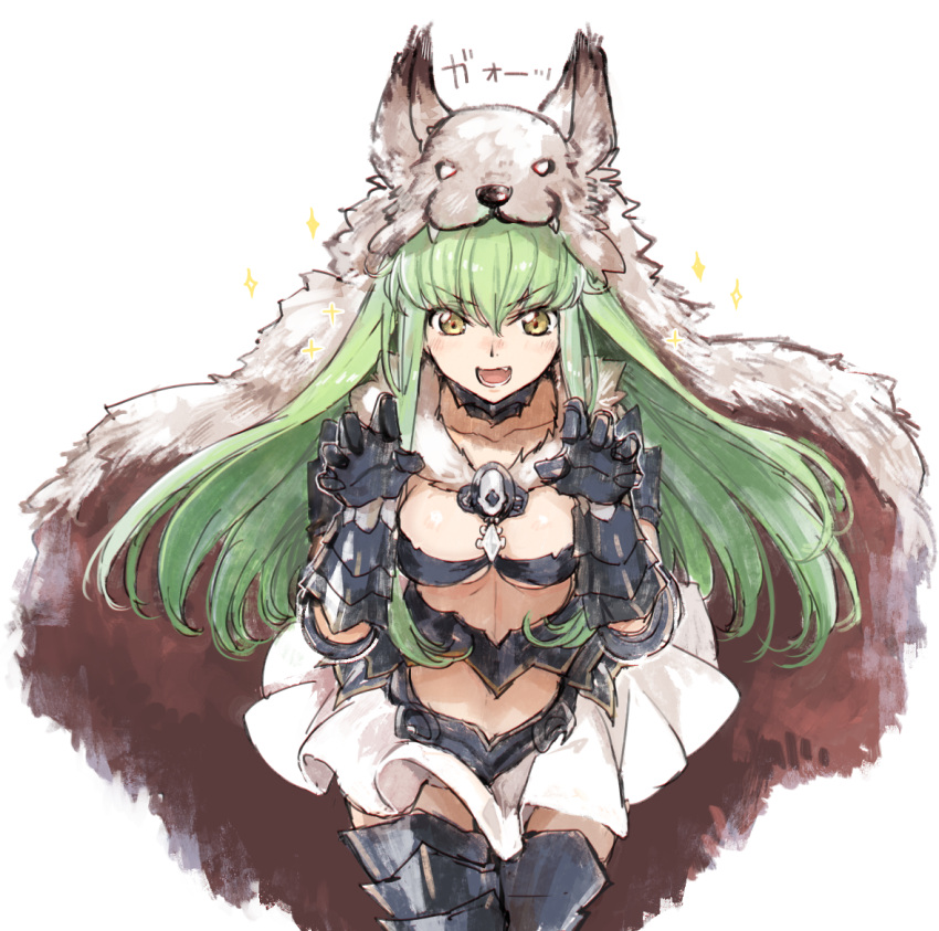 1girl, :d, alternate_costume, animal_hood, armored_boots, bangs, berserker_(granblue_fantasy), boots