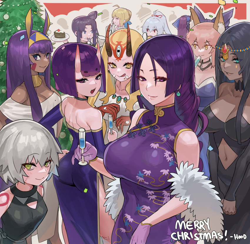 6+girls, absurdres, ahoge, alternate_costume, animal_ears, artoria_pendragon_(all), ass, black_dress