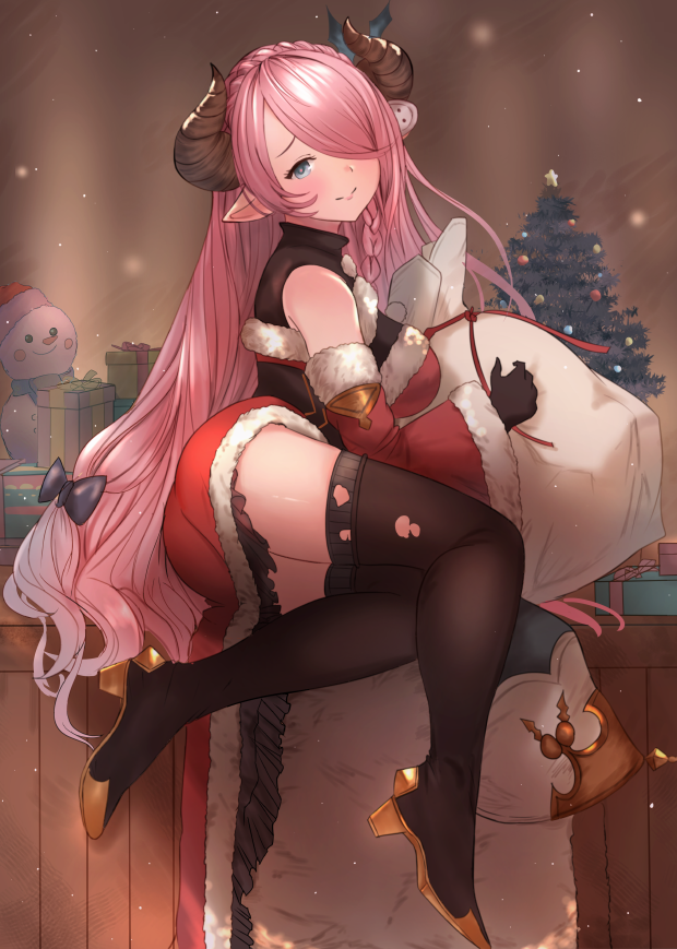 1girl, aqua_(popogori), black_bow, black_footwear, black_gloves, black_legwear, blue_eyes, blush, boots, bow, box, braid, breasts, christmas, christmas_tree, closed_mouth, detached_sleeves, draph, full_body, fur-trimmed_sleeves, fur_trim, gift, gift_box, gloves, granblue_fantasy, hair_bow, hair_ornament, hair_over_one_eye, high_heel_boots, high_heels, horns, large_breasts, long_hair, looking_at_viewer, narmaya_(granblue_fantasy), obi, pointy_ears, sack, sash, smile, snowman, snowman_hair_ornament, solo, thigh-highs, thigh_boots, torn_boots, torn_clothes, torn_legwear, very_long_hair