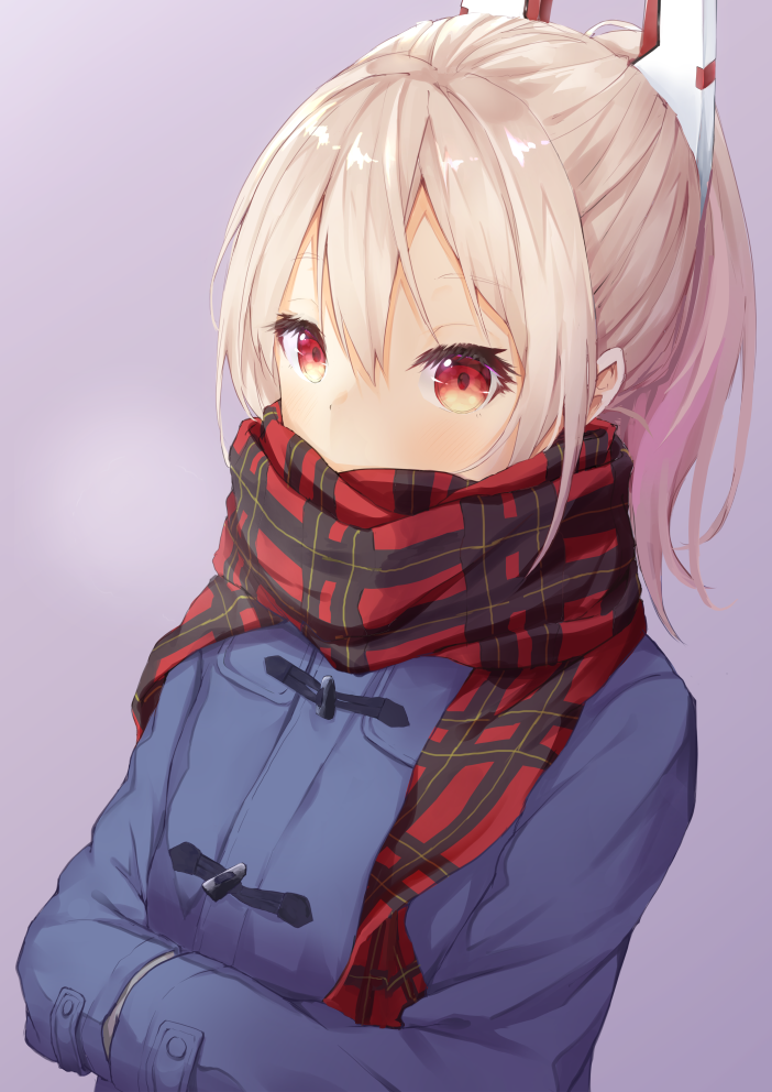 1girl, alternate_costume, ayanami_(azur_lane), azur_lane, bangs, blonde_hair, blue_coat, blush, choro_tofu, commentary_request, eyebrows_visible_through_hair, eyelashes, gradient, gradient_background, hands_in_opposite_sleeves, long_hair, long_sleeves, looking_afar, looking_away, plaid, plaid_scarf, ponytail, purple_background, red_eyes, red_scarf, scarf, scarf_over_mouth, solo, upper_body