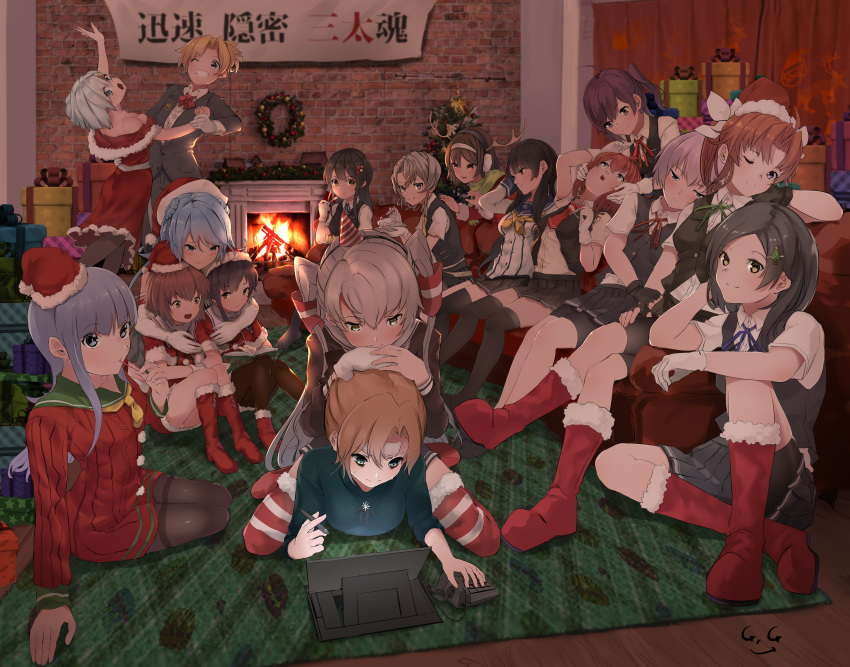 6+girls, :d, absurdres, ahoge, akigumo_(kantai_collection), amatsukaze_(kantai_collection), antlers, arashi_(kantai_collection)