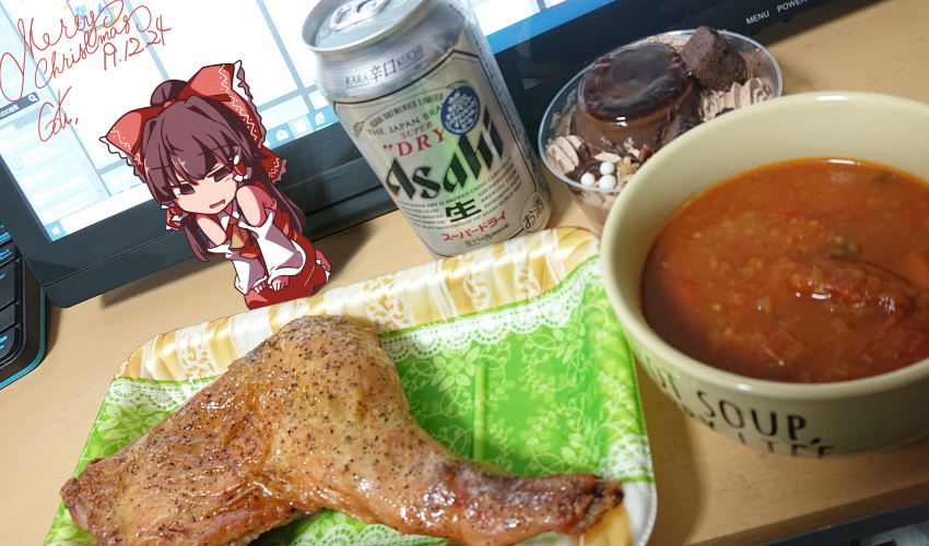 1girl, absurdres, ascot, bare_shoulders, beer_can, bow, bowl, brown_eyes