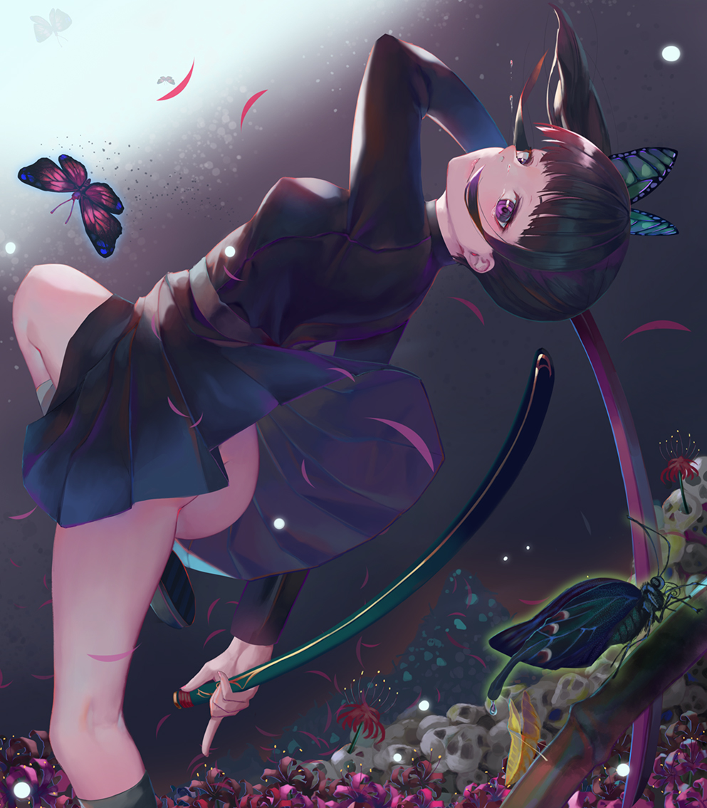 1girl, ass, bare_legs, belt, bending_backward, black_hair, black_jacket, black_skirt