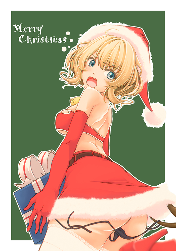 1girl, alternate_costume, bikini, black_panties, blonde_hair, blue_eyes, box, breasts, christmas, colorado_(kantai_collection), commentary_request, elbow_gloves, gift, gift_box, gloves, graphite_(medium), hat, kantai_collection, large_breasts, merry_christmas, miniskirt, panties, red_bikini_top, red_gloves, red_skirt, santa_costume, santa_hat, short_hair, side-tie_panties, skirt, slowpit, solo, strapless, strapless_bikini, swimsuit, traditional_media, underwear, wardrobe_malfunction
