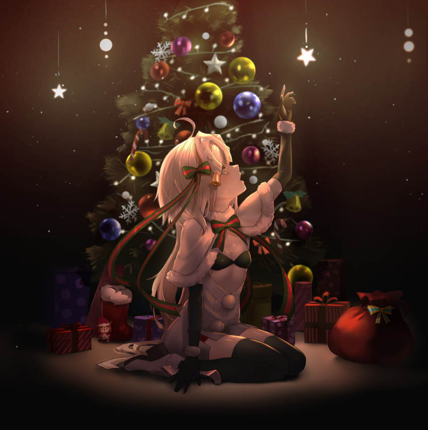 1girl, bell, black_bikini_top, black_gloves, black_legwear, bow, box, candy, candy_cane, capelet, christmas, christmas_ornaments, christmas_stocking, christmas_tree, cp_(tlstjdghek), fate/grand_order, fate_(series), food, fur-trimmed_capelet, fur_trim, gift, gift_box, gloves, green_bow, green_ribbon, grey_hair, hat, headpiece, highres, jeanne_d'arc_(fate)_(all), jeanne_d'arc_alter_santa_lily, long_hair, ribbon, santa_hat, sitting, solo, striped, striped_bow, striped_ribbon, thigh-highs, wariza, white_capelet, yellow_eyes