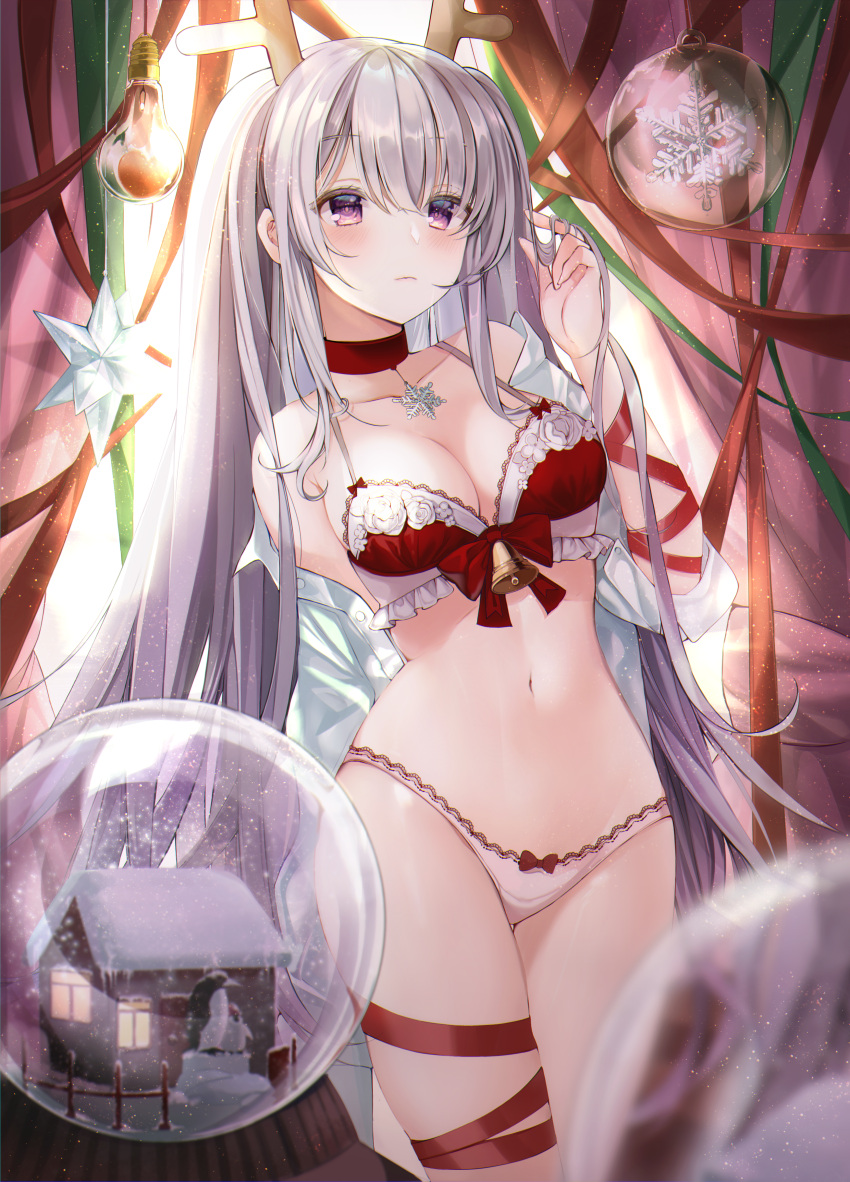 1girl, absurdres, bangs, bare_shoulders, bell, blush, bra, breasts
